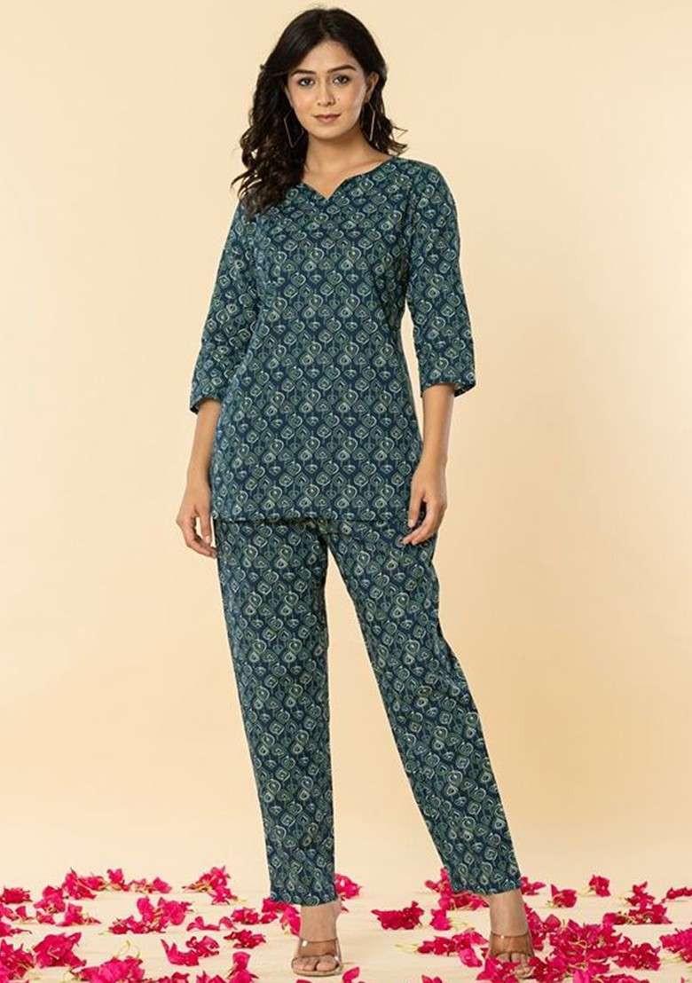 Blue Printed Round Neck Pure Cotton Top With Trouser - Indya