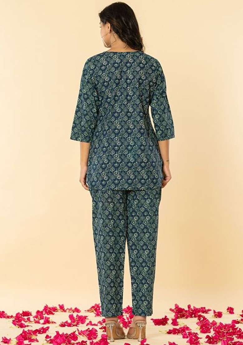 Blue Printed Round Neck Pure Cotton Top With Trouser - Indya