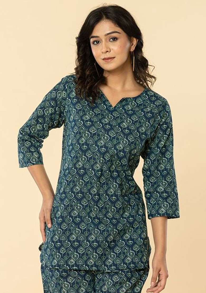 Blue Printed Round Neck Pure Cotton Top With Trouser - Indya