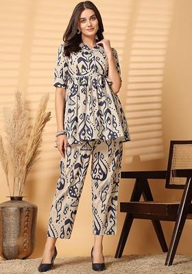 Blue Ethnic Motifs Printed Lapel Collar Pure Cotton Tunic With Trouser