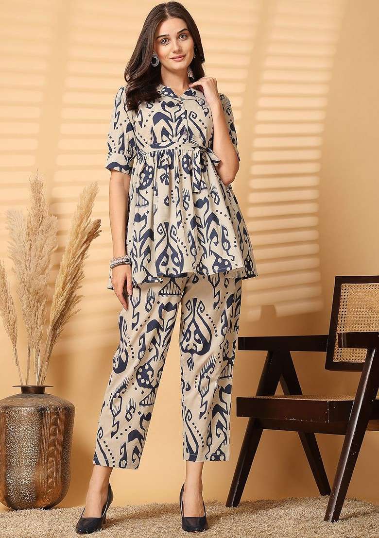 Blue Ethnic Motifs Printed Lapel Collar Pure Cotton Tunic With Trouser - Indya