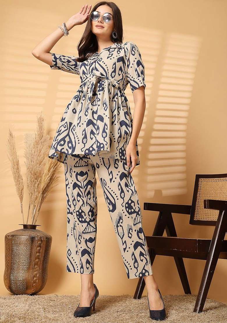 Blue Ethnic Motifs Printed Lapel Collar Pure Cotton Tunic With Trouser - Indya