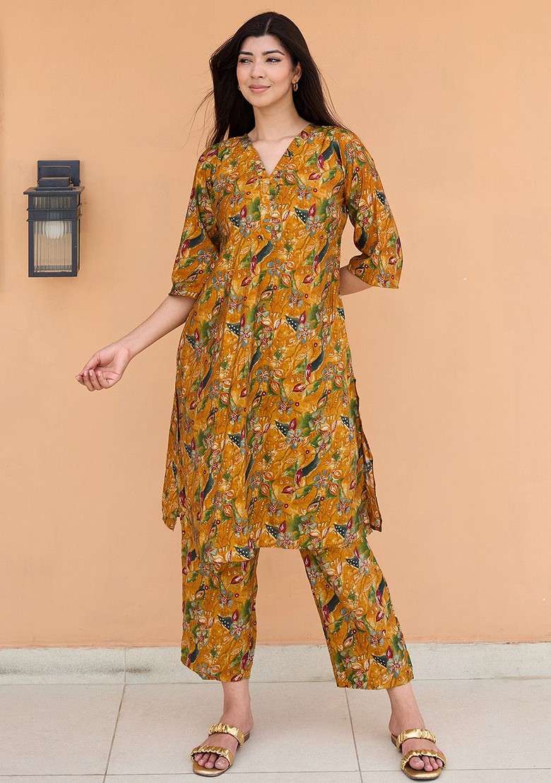 Mustard Women Floral Printed Tunic With Trousers - Indya