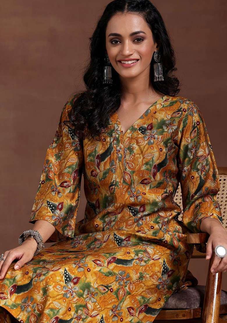 Mustard Women Floral Printed Tunic With Trousers - Indya