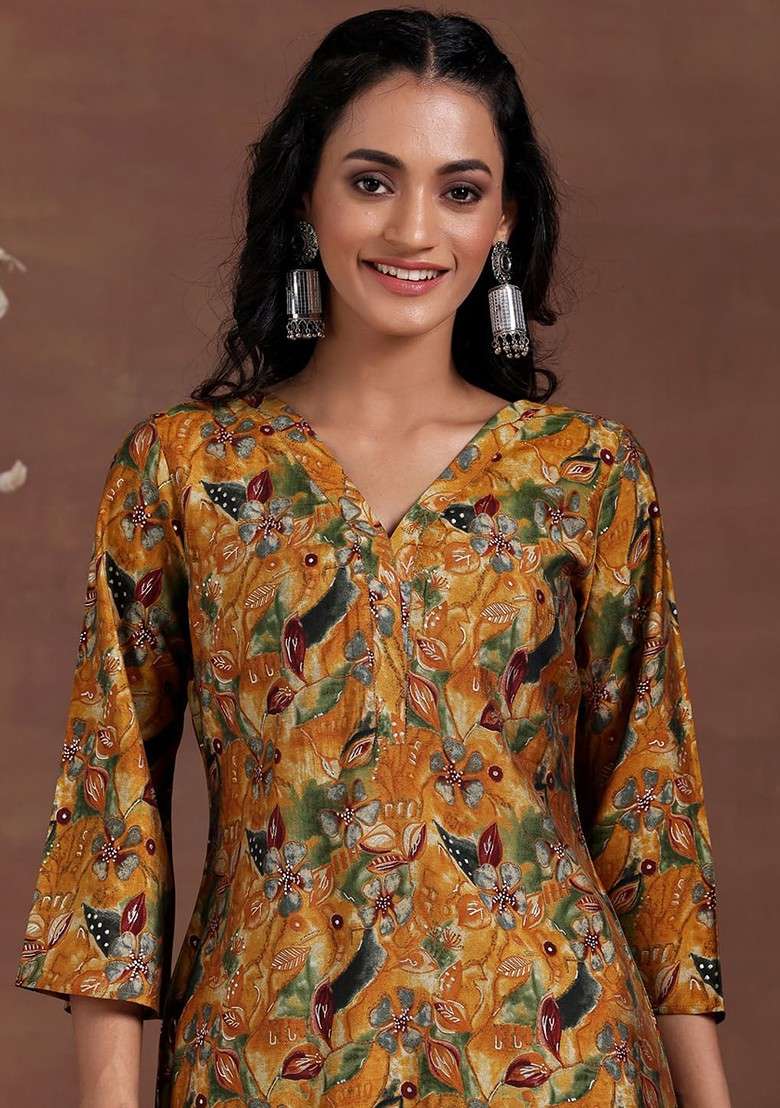 Mustard Women Floral Printed Tunic With Trousers - Indya