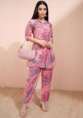 Pink Pink Floral Printed Shirt Collar Threequarter Sleeves Top With Trouser