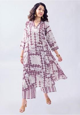 Off White Printed Vneck Tunic With Palazzo