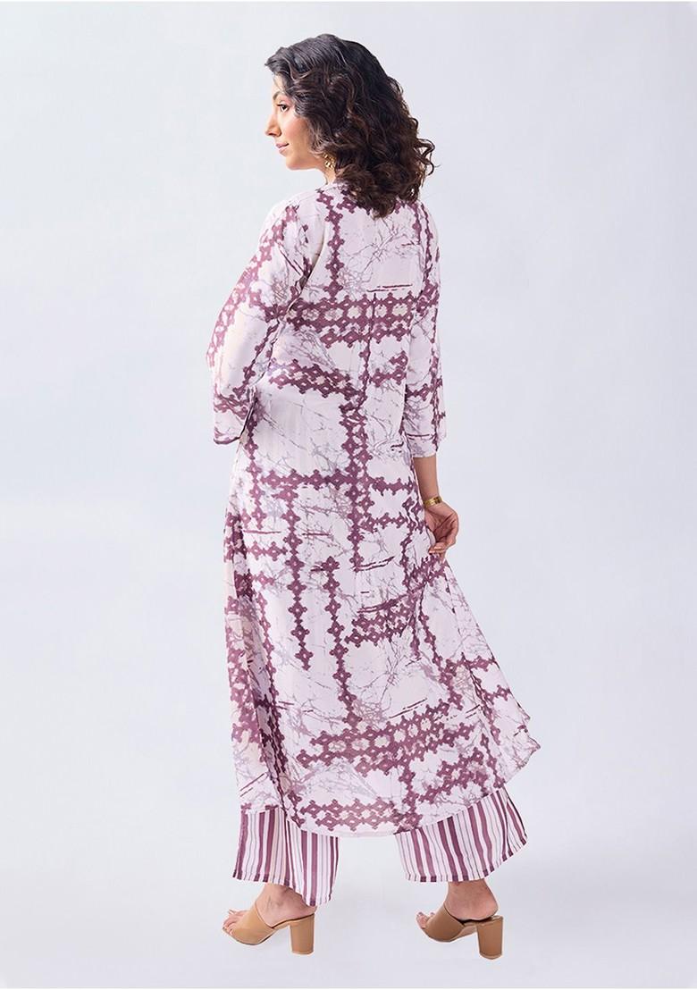 Off White Printed Vneck Tunic With Palazzo - Indya