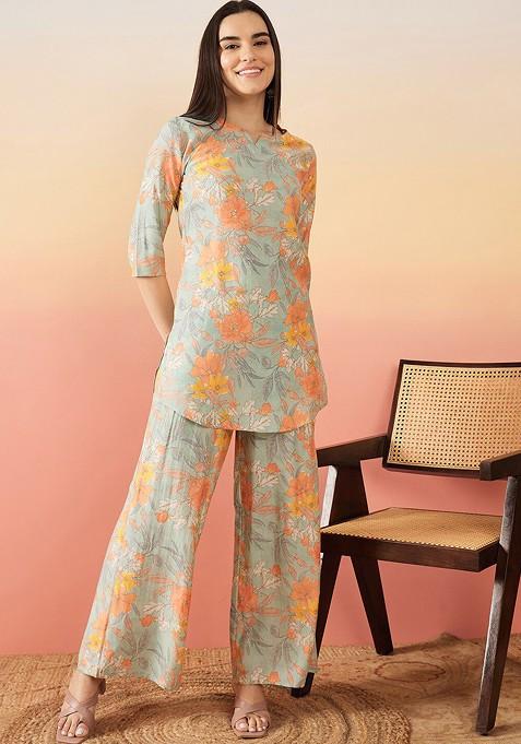 Green Floral Printed Tie Up Neck Ethnic Top With Palazzos