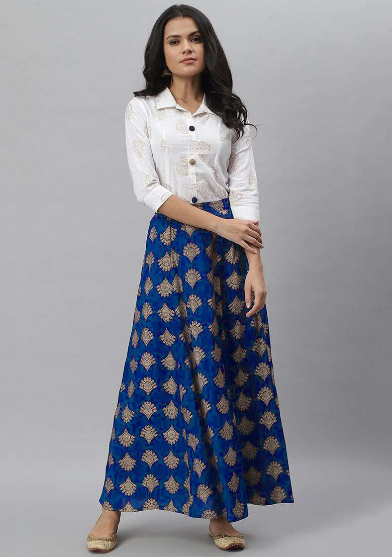 Off White Women Off White And Navy Blue Printed Shirt With Skirt - Indya