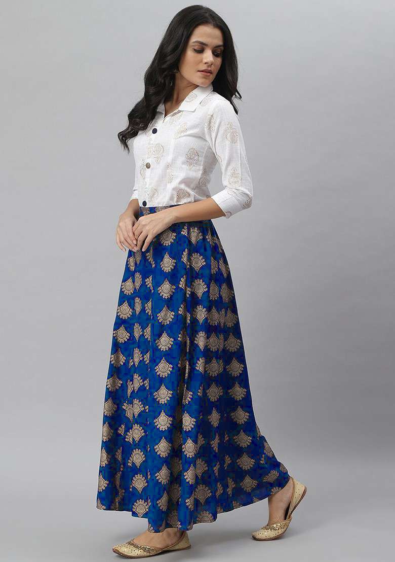 Off White Women Off White And Navy Blue Printed Shirt With Skirt - Indya