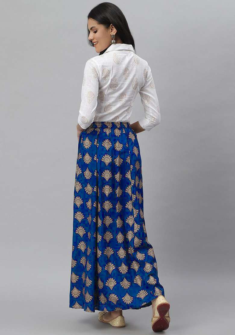 Off White Women Off White And Navy Blue Printed Shirt With Skirt - Indya