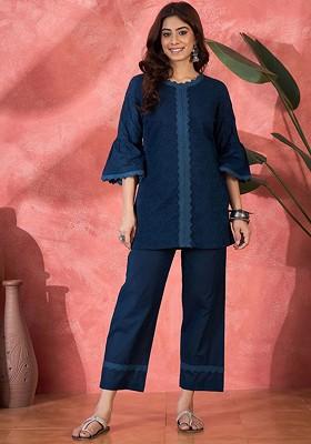 Navy Blue Schiffli Embroidered Pure Cotton Top And Trouser Coord Set