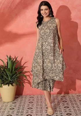 Brown Paisley Printed Boat Neck Sleeveless Tunic With Palazzos