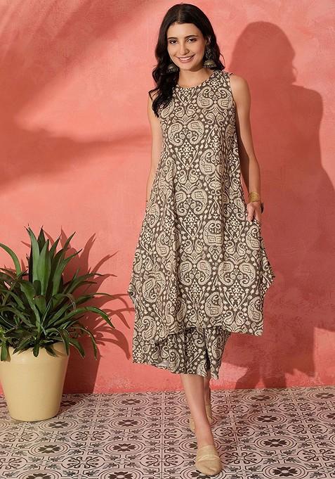 Brown Paisley Printed Boat Neck Sleeveless Tunic With Palazzos