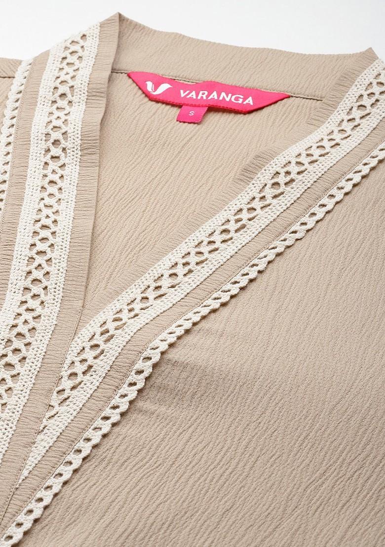 Beige Women Lacedetailed Ethnic Coords Set
