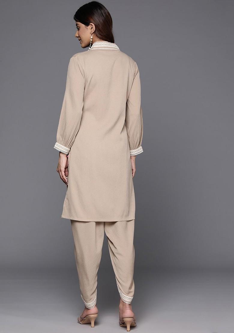 Beige Women Lacedetailed Ethnic Coords Set