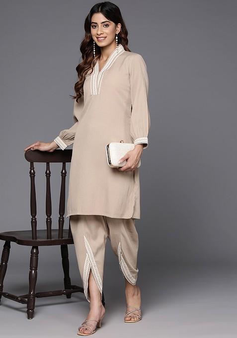 Beige Women Lacedetailed Ethnic Coords Set