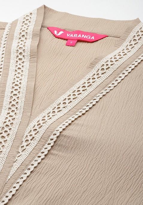 Beige Women Lacedetailed Ethnic Coords Set