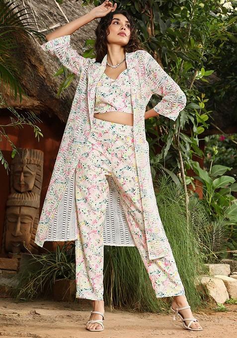 White Printed Top And Shrugs With Trouser Coords