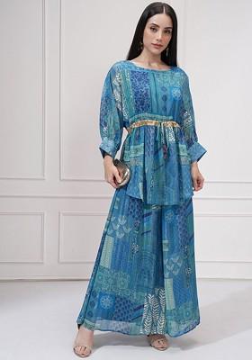 Blue Ethnic Motifs Printed Round Neck Kimono Tunic And Palazzos