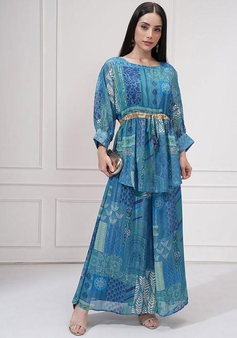 Blue Ethnic Motifs Printed Round Neck Kimono Tunic And Palazzos — view on Indya