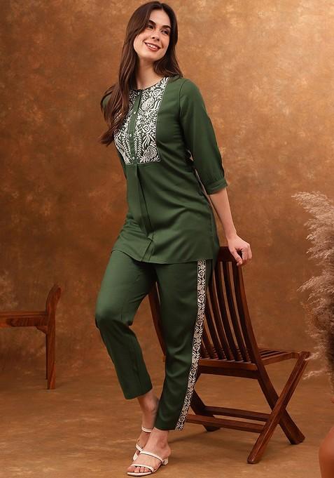 Green Green Embroidered Tunic With Trousers Coords