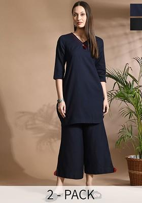 Navy Blue Vneck Pure Cotton Tunic With Palazzos