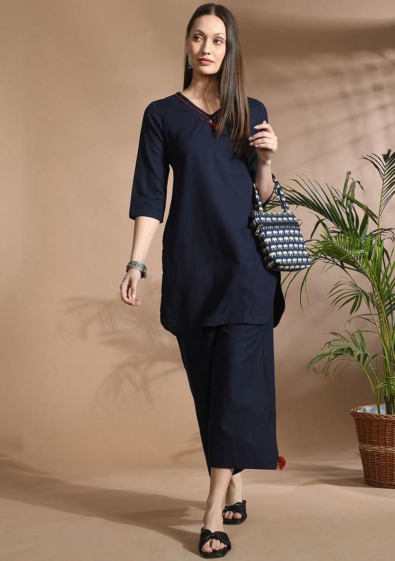 Navy Blue Vneck Pure Cotton Tunic With Palazzos - Indya