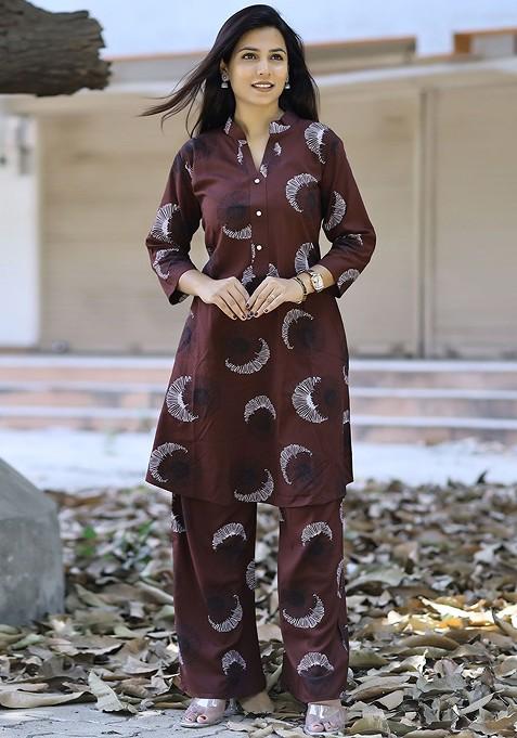 Coffee Brown Sunflower Printed Mandarin Collar Tunic With Palazzos