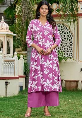 Mauve Printed V Neck Pure Cotton Tunic With Palazzo Coords