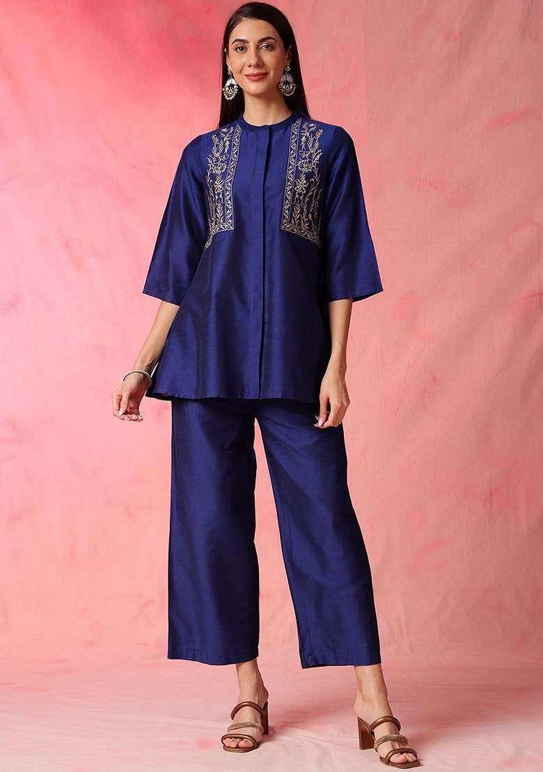 Blue Blue Embroidered Mandarin Collar Top With Palazzos - Indya
