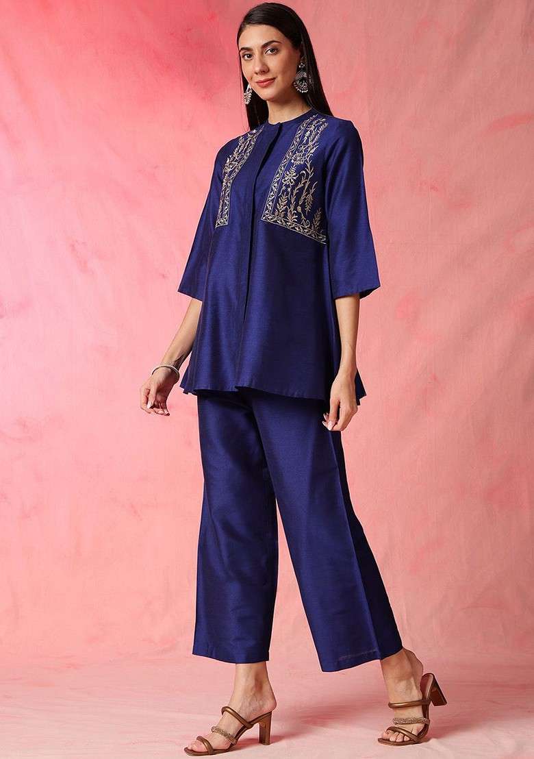 Blue Blue Embroidered Mandarin Collar Top With Palazzos - Indya