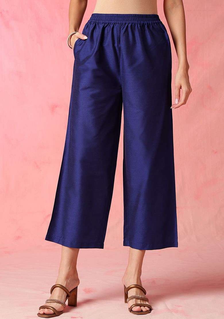 Blue Blue Embroidered Mandarin Collar Top With Palazzos - Indya