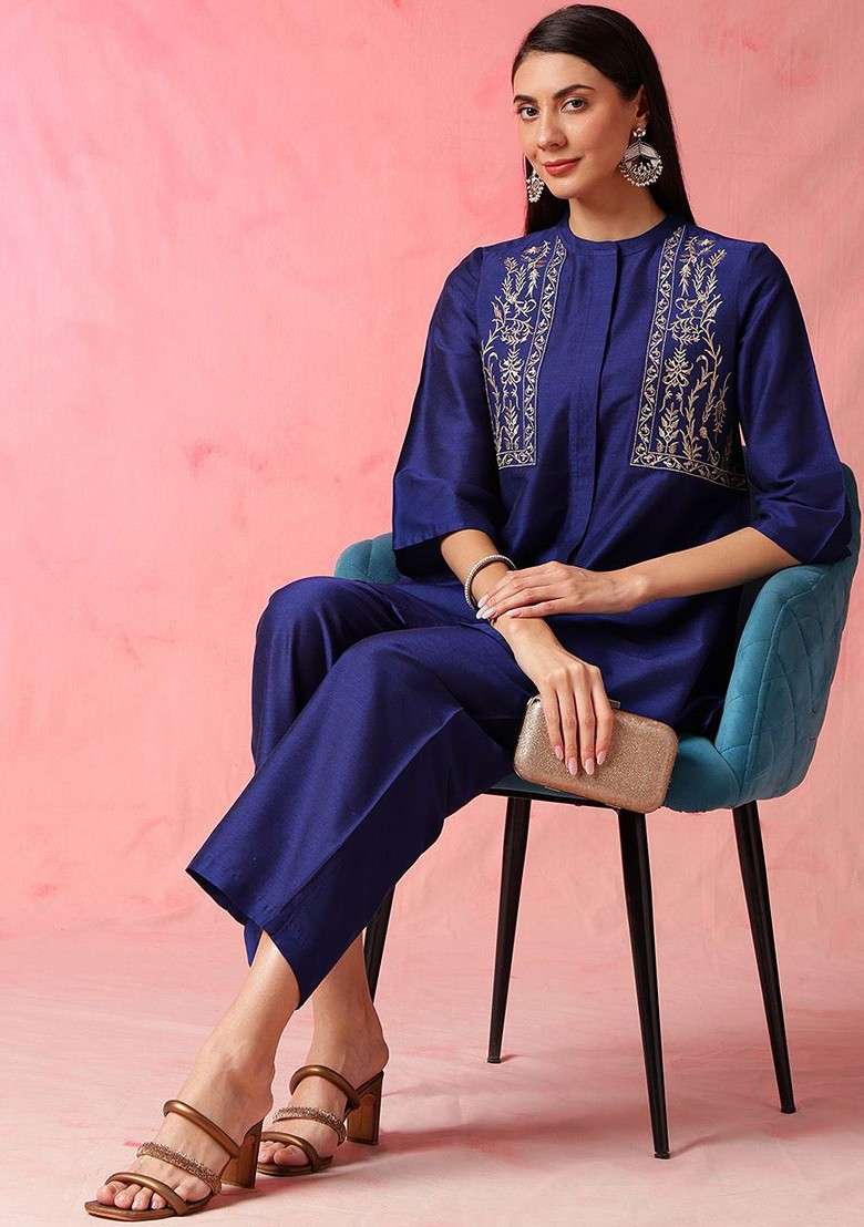 Blue Blue Embroidered Mandarin Collar Top With Palazzos - Indya