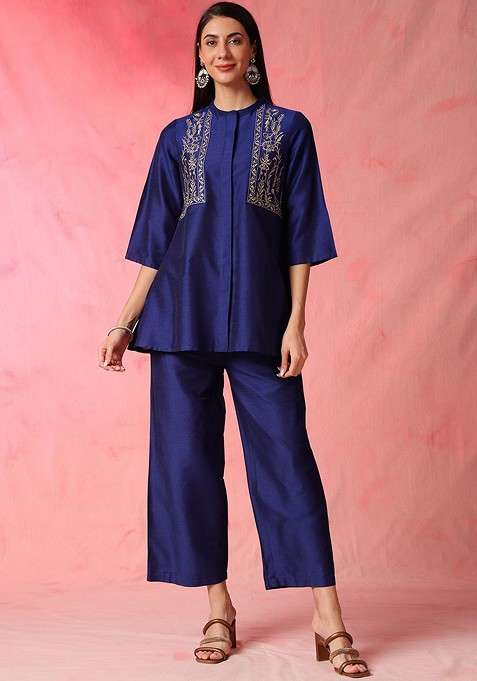 Blue Blue Embroidered Mandarin Collar Top With Palazzos
