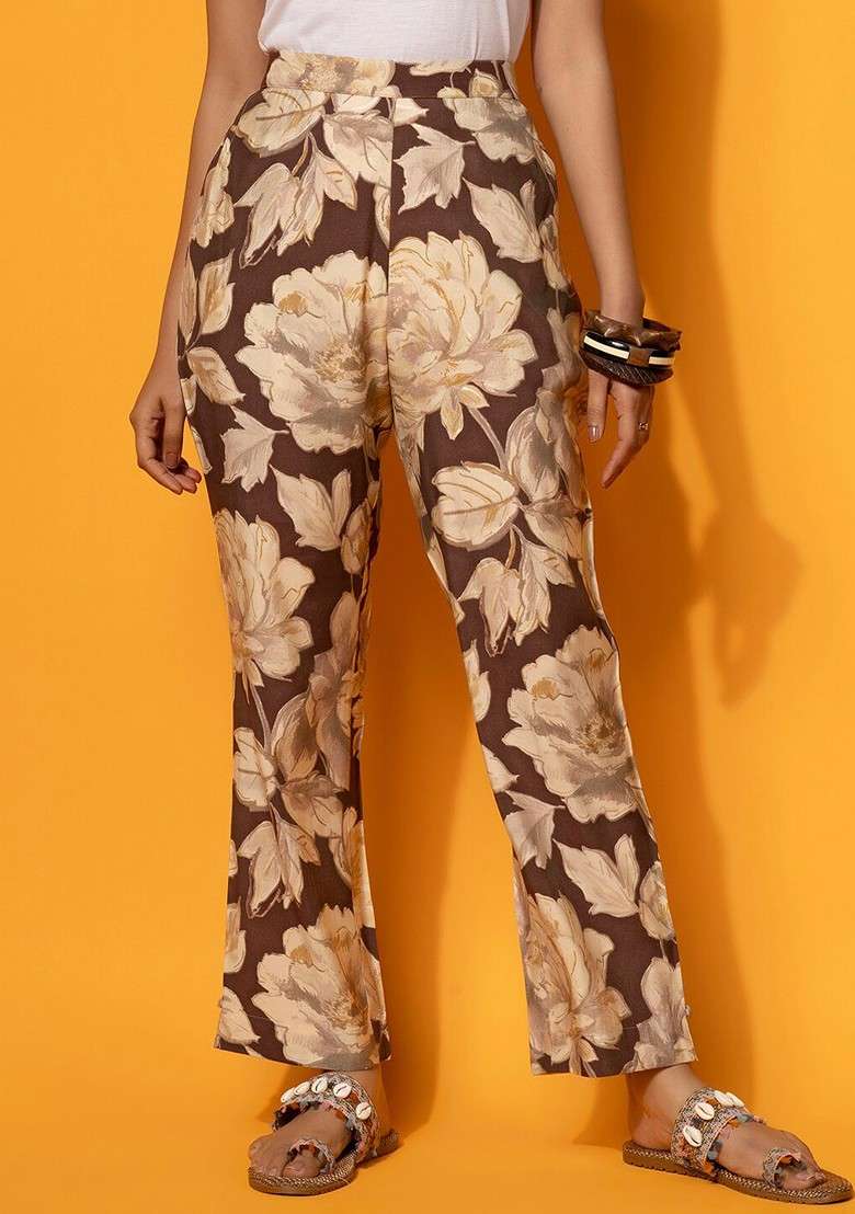 Brown Floral Printed Vneck Tunic With Palazzo - Indya