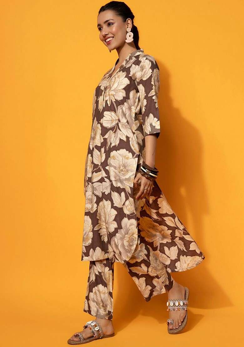 Brown Floral Printed Vneck Tunic With Palazzo - Indya