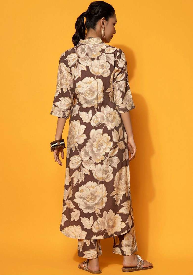 Brown Floral Printed Vneck Tunic With Palazzo - Indya