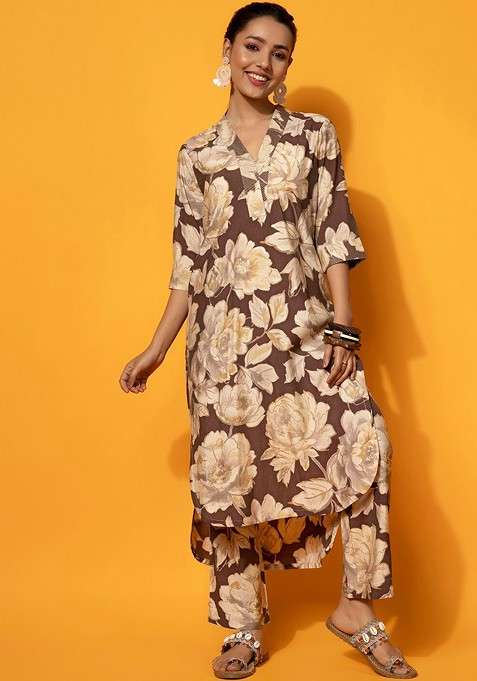 Brown Floral Printed Vneck Tunic With Palazzo