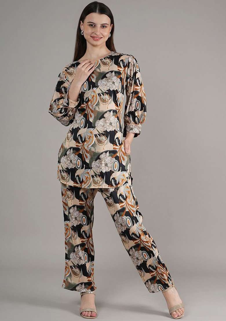 Yellow Floral Printed Notch Neck Straight Kurta With Trousers - Indya