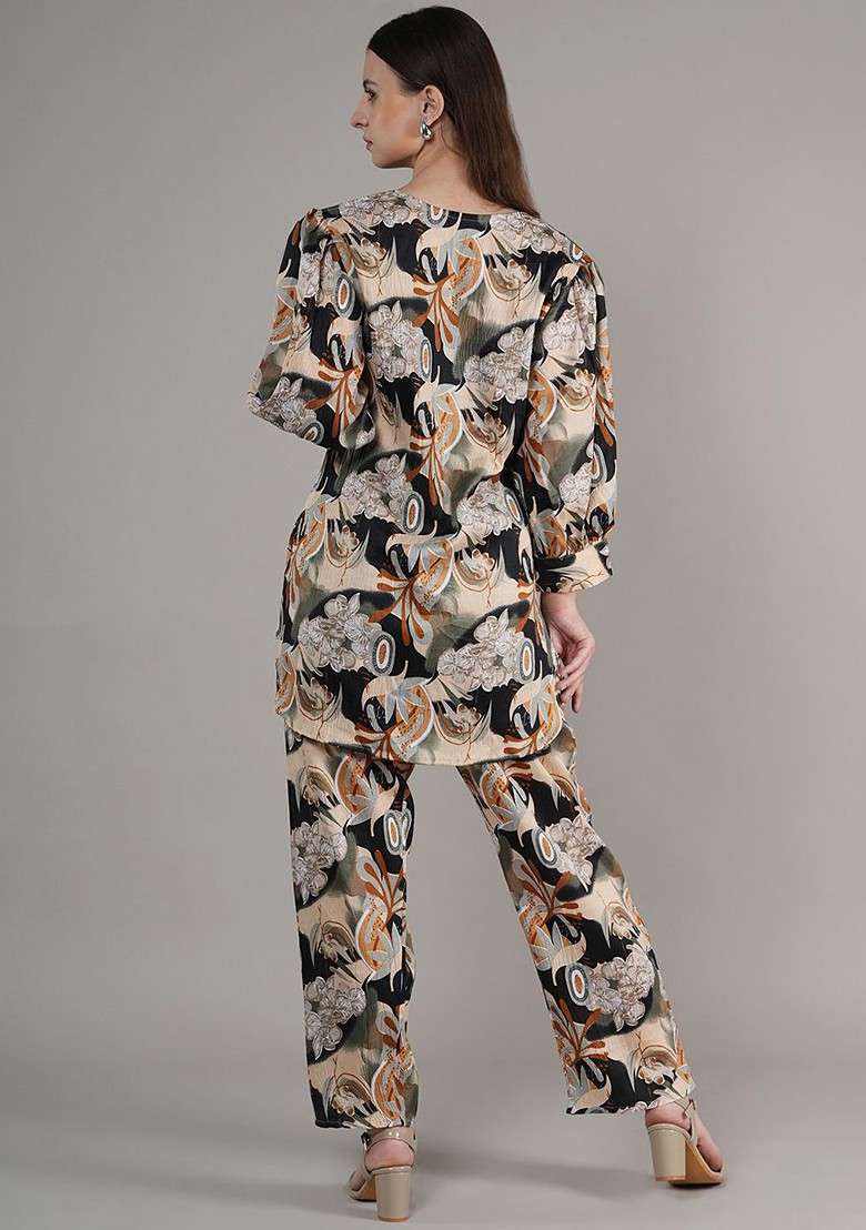 Yellow Floral Printed Notch Neck Straight Kurta With Trousers - Indya
