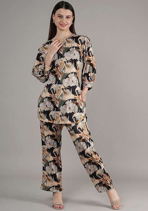 Yellow Floral Printed Notch Neck Straight Kurta With Trousers