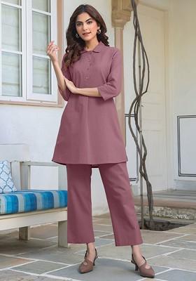 Mauve Women Mauve Cotton Solid Aline Coord Set
