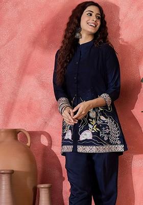 Blue Embroidered Mandarin Collar Neck Tunic And Trousers Coords