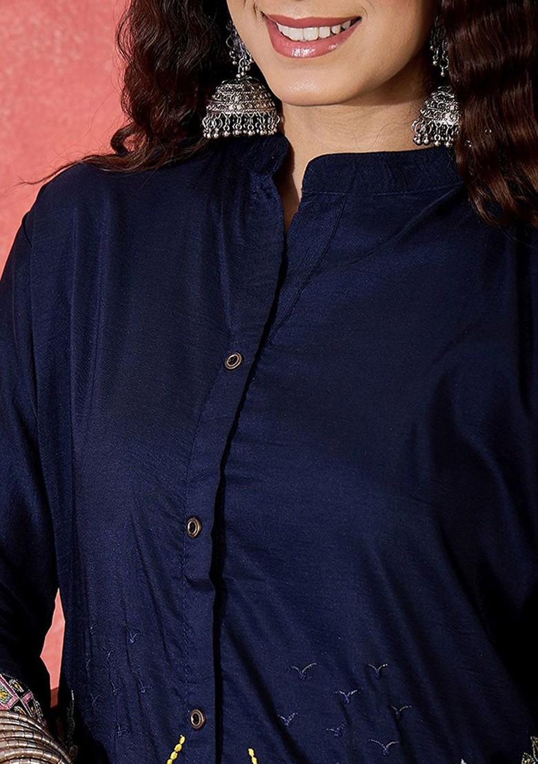 Blue Embroidered Mandarin Collar Neck Tunic And Trousers Coords - Indya