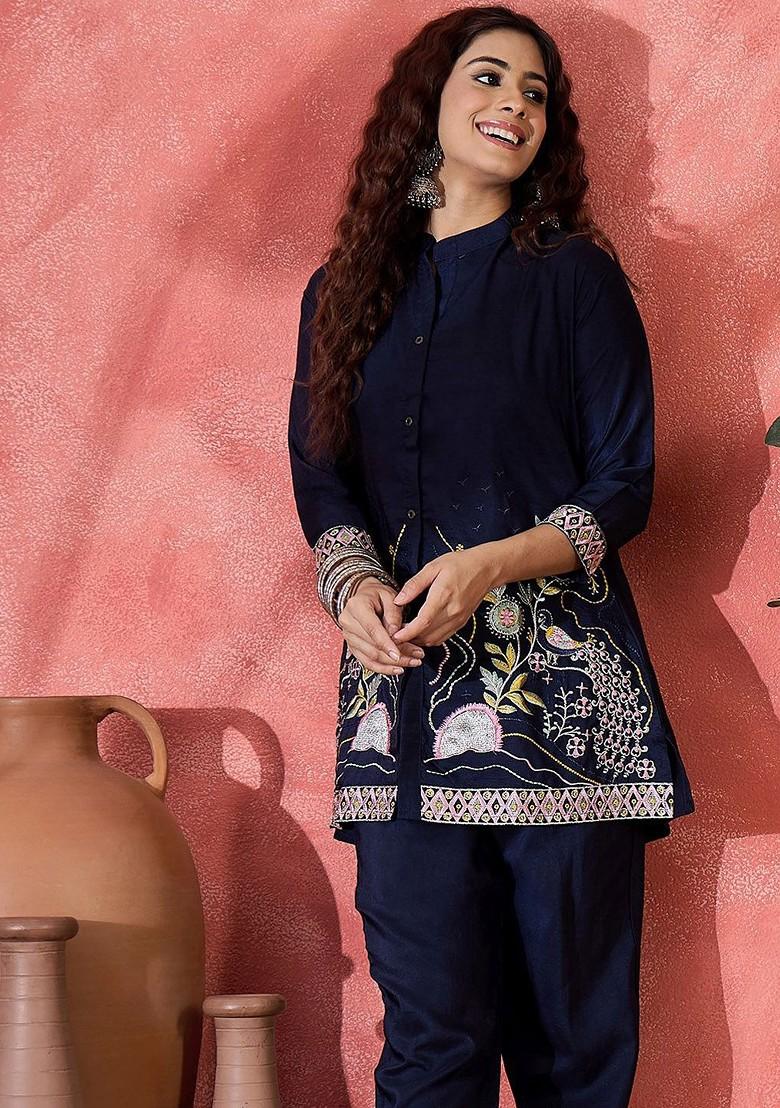Blue Embroidered Mandarin Collar Neck Tunic And Trousers Coords - Indya
