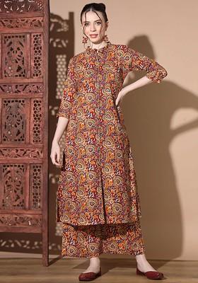Red Floral Printed Mandarin Collar Kalamkari Straight Top With Palazzos