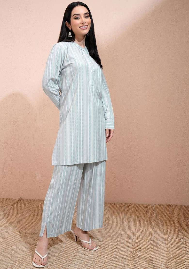 Grey Grey Striped Band Collar Long Sleeves Top With Palazzo - Indya