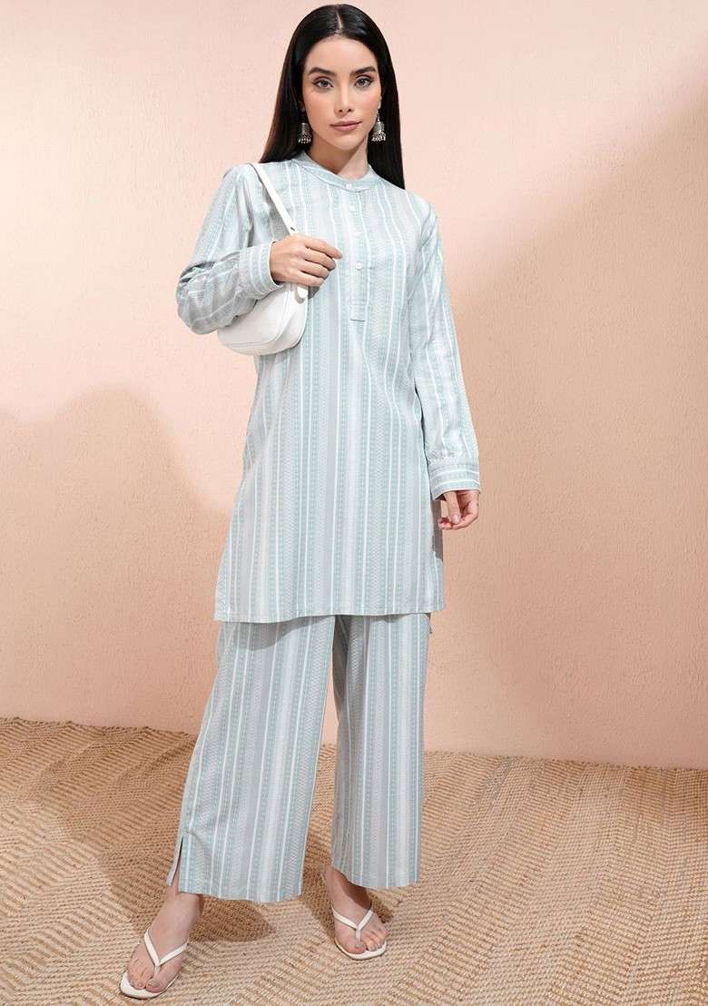Grey Grey Striped Band Collar Long Sleeves Top With Palazzo - Indya